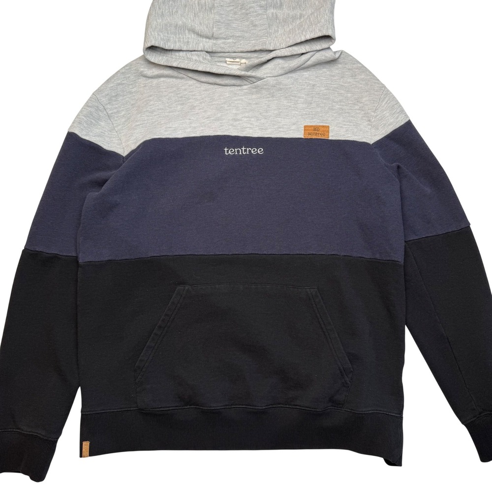 Tentree Organic Cotton Hoodie Colorblock Gray Navy Black Pullover Sweatshirt L